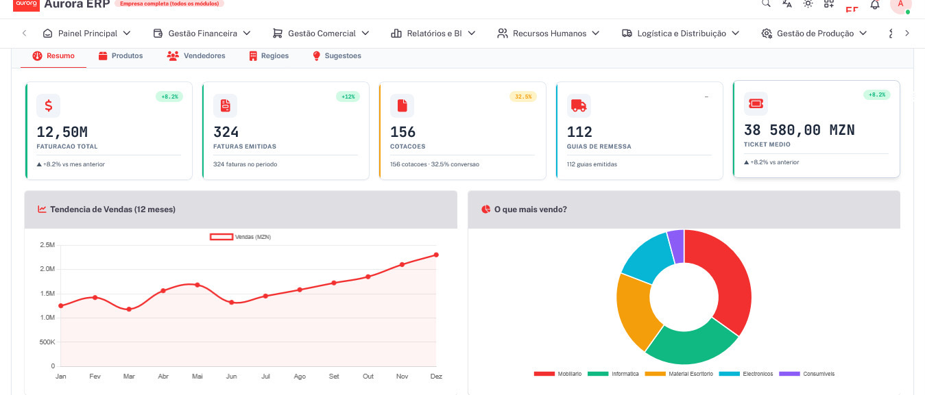 Aurora ERP - Dashboard overview